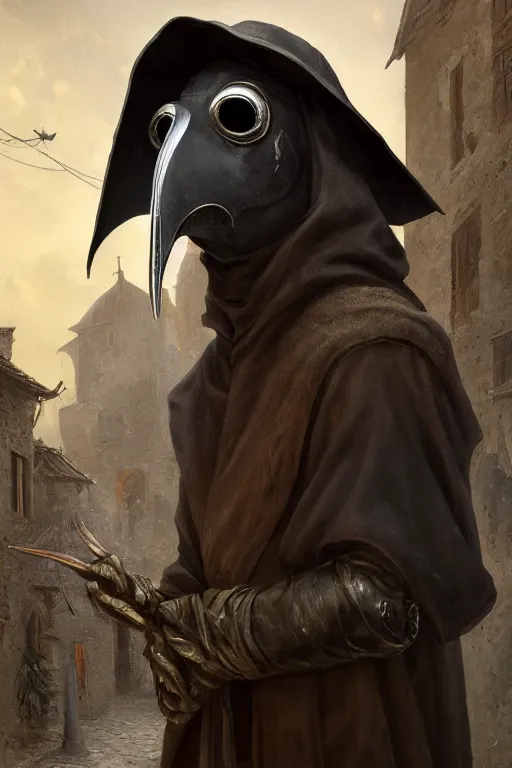 Prompt: A fancy portrait of a Plague Doctor with a beak like mask on in a medieval village by Greg Rutkowski, Sung Choi, Mitchell Mohrhauser, Maciej Kuciara, Johnson Ting, Maxim Verehin, Bloodborne, 8k photorealistic, volumetric lighting, HD, high details, dramatic, dark atmosphere, trending on artstation