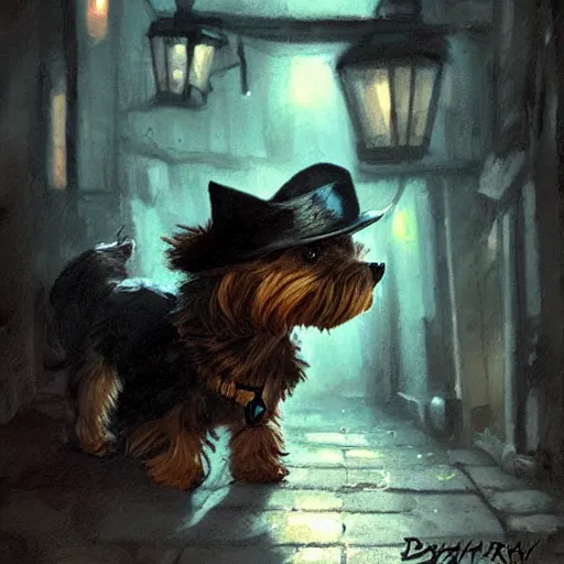 Image similar to detective yorkshire terrier wearing a fedora, in a dark alley, Greg Rutkowski, art station