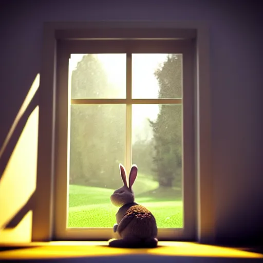 Image similar to beautiful peaceful dreamy painting of a big bunny sitting by a window and looking outside, sunshine coming through the window, small plants on the window sill, 8k, hyper realism, trending on artstation, octane render