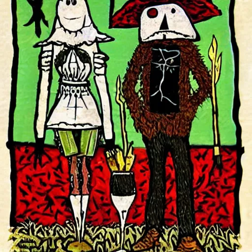Prompt: a scarecrow and his wife are drinking red wine in a fancy restaurant. folk horror art style. highly detailed