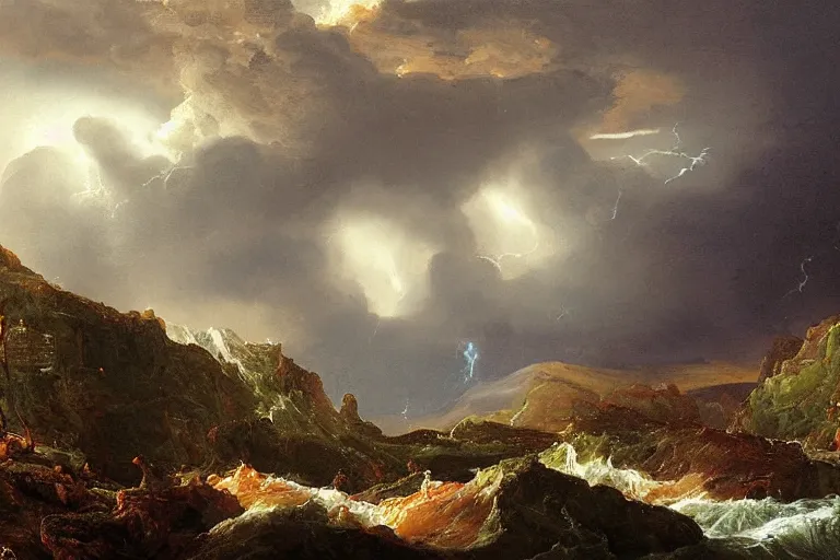 Prompt: last day of an old man, stormy weather, memories by sergeant and thomas cole, oil painting, hyper detailed, masterpiece 4 k