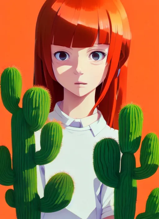 Prompt: portrait of cute redhead girl in orange jumpsuit with fox ears by ilya kuvshinov, holding a cactus, cloudy sky background lush landscape illustration concept art anime key visual trending pixiv fanbox by wlop and greg rutkowski and makoto shinkai and studio ghibli