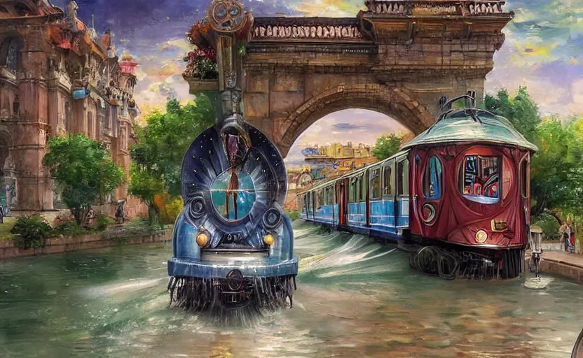 Image similar to Beautiful alchemy urban train that rides inside of a waterway on a fantasy city, next to a fountain and a mystical palace. By Konstantin Razumov, highly detailded