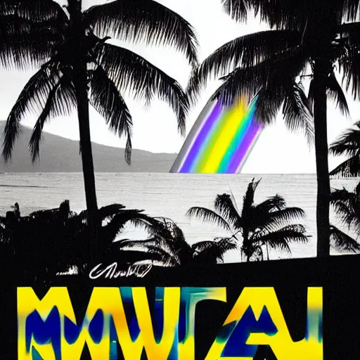 Image similar to miracle musical Hawaii part ii album cover, showing an ocean in the background, spiral transparent stairs on the left with tall palm trees behind it, a slight rainbow in the background, white outline border, moon in the right top area black and white except for the rainbow album cover