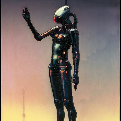 Image similar to full body of cyberpunk computer hacker who served as systems engineer dancer on the neo Tokyo streets of the Mecha Empire city during the Festival of Masks, award-winning realistic sci-fi concept art by Beksinski, Bruegel, Greg Rutkowski, Alphonse Mucha, and Yoshitaka Amano