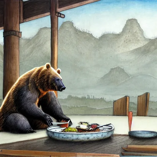 Image similar to bear eating sushi with chopsticks, a detailed matte painting by anton pieck, deviantart contest winner, fantasy art, concept art, official art, matte drawing