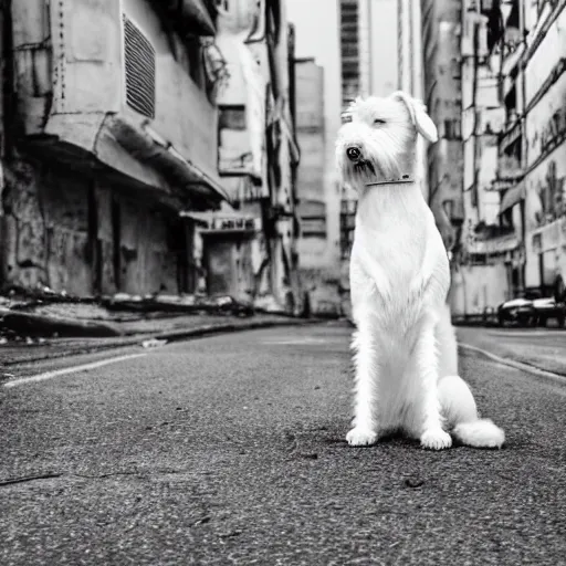 Image similar to photo of a white schnauzer dog with open wings on his back sitting on the street of an abandoned dystopic city, hyprrealism, 5 5 mm photo