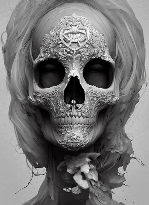 Image similar to a woman wearing a white mask with an ornate skull on her face, a marble sculpture by bastien lecouffe - deharme, featured on zbrush central, gothic art, zbrush, marble sculpture, grotesque