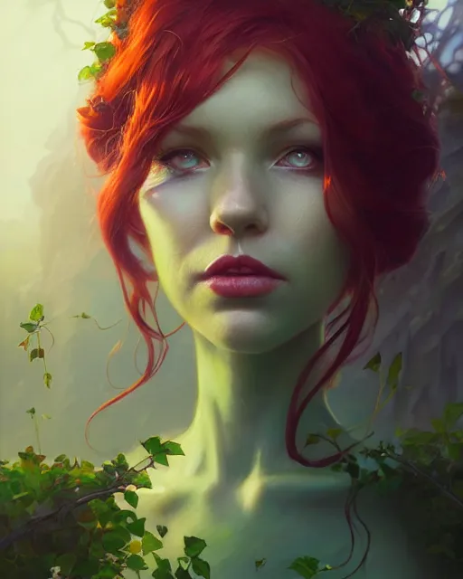 Image similar to portrait of poison ivy, unreal engine, fantasy art by greg rutkowski, loish, rhads, ferdinand knab, makoto shinkai and lois van baarle, ilya kuvshinov, rossdraws, tom bagshaw, global illumination, fan art, radiant light, detailed and intricate environment