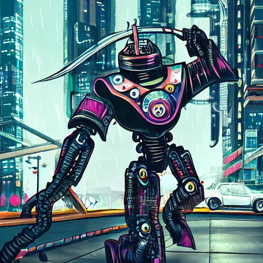 Image similar to beautiful hyper-detailed artwork of a robot ninja warrior with a sword, driving through the city, in a modified Nissan skyline r34, cyberpunk, lo-fi