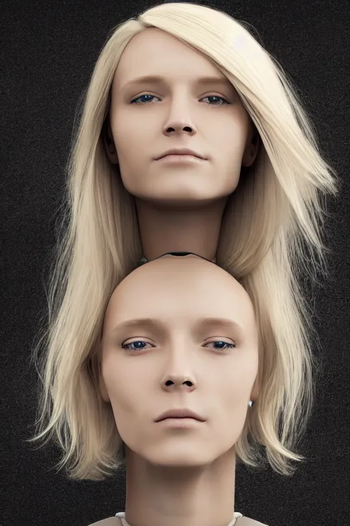 Image similar to robot with human face, female head, full body angle, woman human face, human face realistic, beautiful blonde hair, human head, human head with blonde hair, blonde hair human head, blonde hair, human realistic face, human head skin, cyborg frame concept, cyborg by ales-kotnik, sci-fi android female, the body is made of wires, robotic body, cyborg body, cyborg bust body, robot body cyborg, full body
