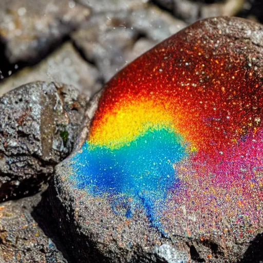 Prompt: a rock that splashes on multicolor paint