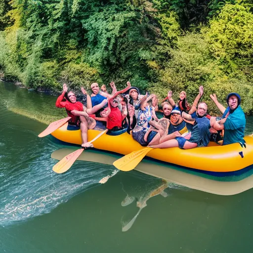 Image similar to a gang of homies having fun on a river float down the snoqualmie river with a big inflatable mallard duck, summertime, drone photography, beautiful, 8k, trending on artstation