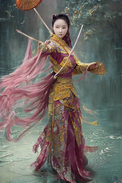 Image similar to portrait wuxia sword dance Girl, ancient chinease costume, in forbidden City Rainning, flowers sea everywhere, ssci-fi, fantasy, intricate, very very beautiful, elegant, highly detailed, digital painting, artstation, concept art, smooth, sharp focus, illustration, art by tian zi and WLOP and alphonse mucha