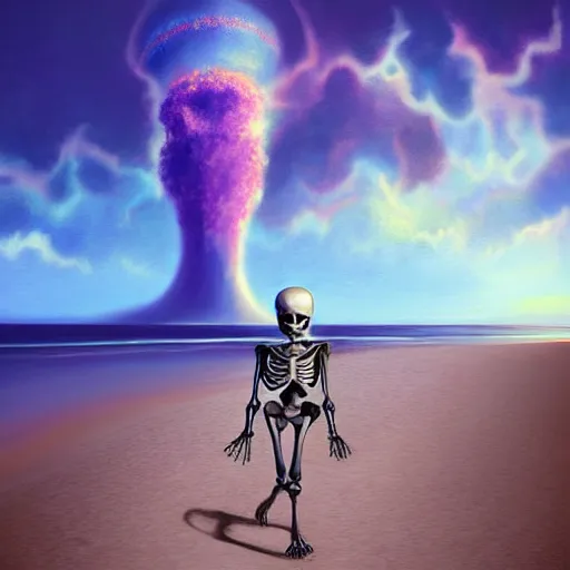 Image similar to (((Beautiful digital painting portrait))) of relaxed skeleton walking on the tropical beach!!! with nuclear bomb explosion in the background!!!, by James Gurney, high quality, trending on Artstation, realistic, tropical color scheme, anatomically correct skeleton, high coherence, blue sky