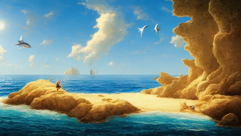 Prompt: sea, summer, clear beautiful sky, bright sky, dolphins jumping, peaceful, amazing, by andreas rocha and john howe, and Martin Johnson Heade, featured on artstation, featured on behance, golden ratio, ultrawide angle, f32, well composed