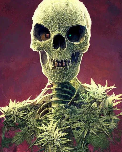 Prompt: skeleton made of weed leaves, scifi character portrait by greg rutkowski esuthio craig mullins