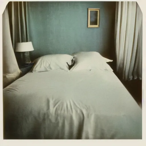 Image similar to grainy Polaroid film photograph of an empty bed with silk sheets floating in the middle of the ocean. super resolution. surreal. Extremely detailed. Polaroid 600 film. by Annie Leibovitz and Richard Avedon