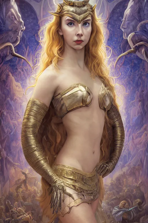 Image similar to A fantasy comic book style portrait painting of a hybrid Jodie Comer, Anya_Taylor-Joy, as a Mystical Valkyrie, Reptilian-Anubis Atlantean Warrior, François Boucher, Oil Painting, unreal 5, DAZ, hyperrealistic, octane render, Regal, Refined, Detailed Digital Art, RPG portrait, William-Adolphe Bouguereau, Michael Cheval, Walt Disney (1937), Steampunk, dynamic lighting, Highly Detailed, Cinematic Lighting, Unreal Engine, 8k, HD