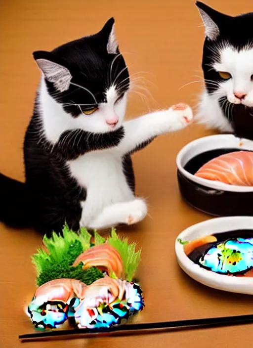 Image similar to clear photograph of cute cats stealing sushi from sushi plates