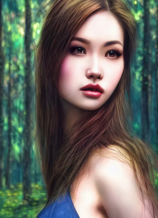 Prompt: photo of a gorgeous female in the style of stefan kostic, realistic, professionally, professionally color graded, half body shot, sharp focus, 8 k high definition, insanely detailed, intricate, elegant, art by stanley lau and artgerm, shallow depth of field, blurred forest in background