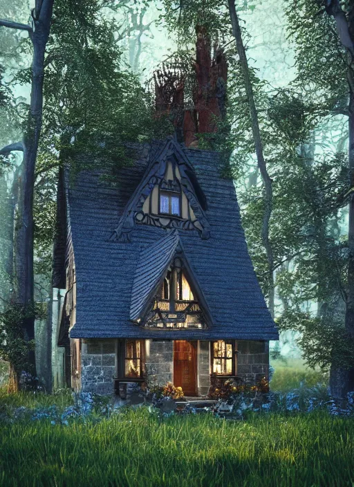 Image similar to hyper realistic homely ornate witch cottage architectural, in the woods gorgeous lighting, blue sky, highly detailed, lush forest architectural render, octane render, ue 5 raytraced