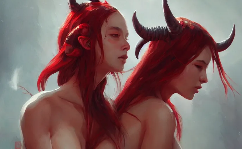 Image similar to a painting of aki trending on artstation in the style of greg rutkowski, beautiful, sensual, natural skin, red horns on head, long black hair