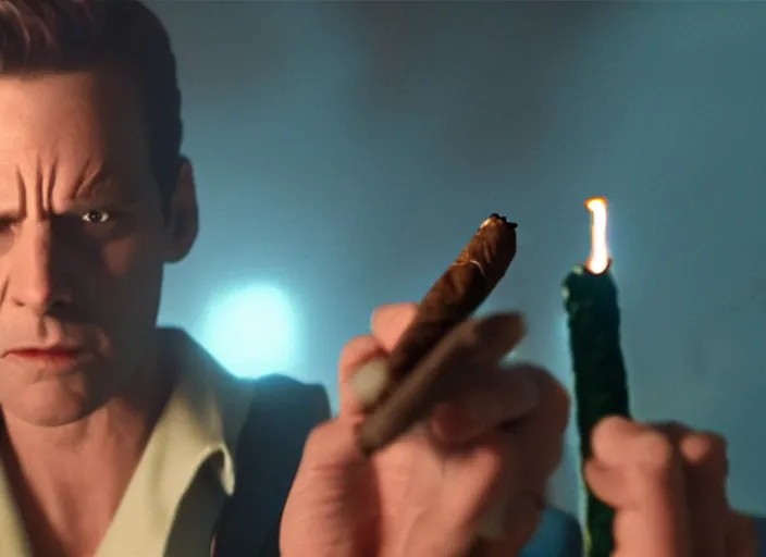 Image similar to film still of bender holding a lit cigar in the new scifi movie, 4 k