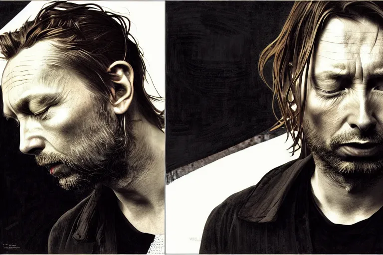 Prompt: hyper realistic portrait of thom yorke singer songwriter, side, flat face, liminal space, by lee bermejo, alphonse mucha and greg rutkowski