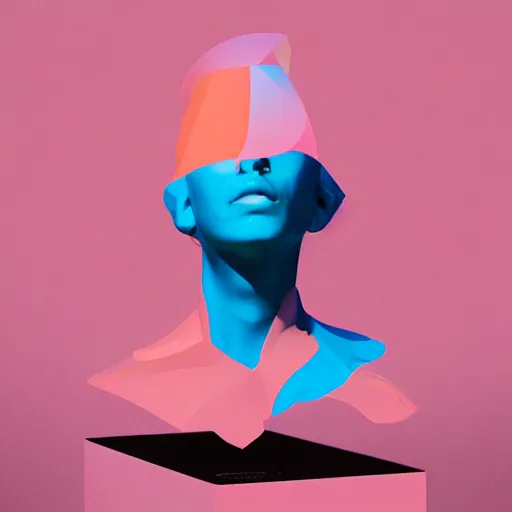 Prompt: flume and former cover art future bass girl unwrapped statue bust futuristic material vibrant colours simple background Jonathan Zawada style
