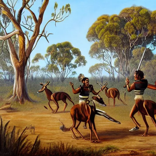 Prompt: a oil painting of aboriginal australians hunting kangaroos