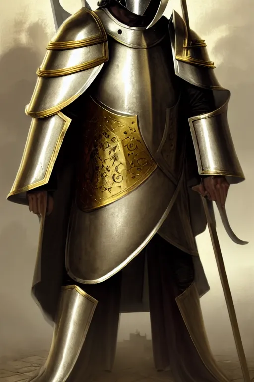 Image similar to man looking forward in iron decorated with gold baroque style christian crusader plate armor, cylindrical crusader great helm covering all his head and white cape covering most of his body standing at the gates of jerusalem drawn by greg rutkowski realistic high detail