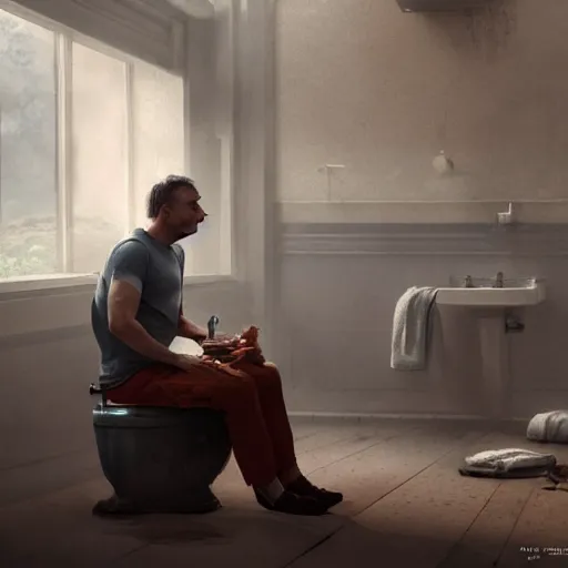 Image similar to viktor orban sitting on the toilet and eating bacon by greg rutkowski, highly detailed, octane render, 4 k, 8 k, hdr, cgsociety, amazing lightning, masterpiece