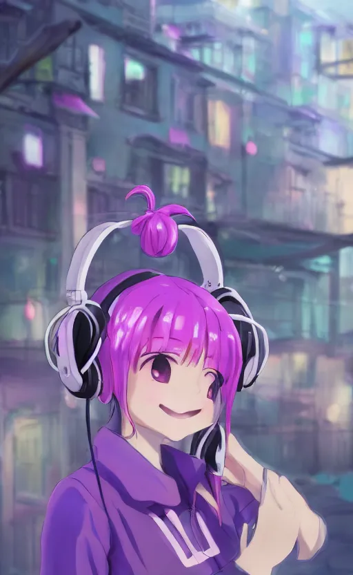 Image similar to anime girl with pink ponytail, wearing purple headphones, wearing a green sweater, with a smile on her face and her eyes closed, walking down a street, dynamic lighting, photorealistic fantasy concept art, trending on art station, stunning visuals, creative, cinematic, ultra detailed