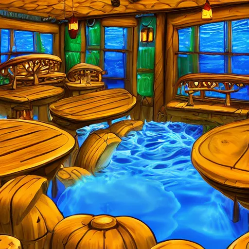 Image similar to wideshot of a magical water themed tavern, highly detailed digital art