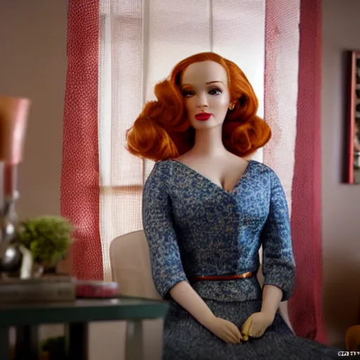 Image similar to amazing beautiful Christina Hendricks barbie doll in the living room, film still from the movie directed by Denis Villeneuve , wide lens