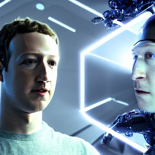 Image similar to Mark Zuckerberg revealing his very detailed and complex cybernetic enhancements, raytracing, very detailed, 4k, cinematic lighting,