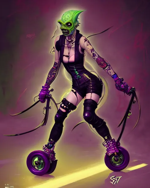 Image similar to roller derby riot grrl reptilians, japanese gothic, punk grunge, concept art, expressive, highly detailed, digital painting, cinematic lighting, hyperrealism, dark retrowave, art by stanley lau and artgerm and magali villeneuve and alphonse mucha, artstation, octane render, cgsociety