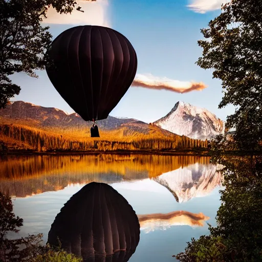 Image similar to photo of two black swans touching heads in a beautiful reflective mountain lake, a colorful hot air balloon is flying above reflecting off water, hot air balloon, intricate, 8k highly professionally detailed, centered, HDR, CGsociety