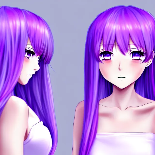 Image similar to a 3 d anime girl with lavender hair, purple eyes and white dress, profile photo, digital artwork, very beautiful face, extremely detailed
