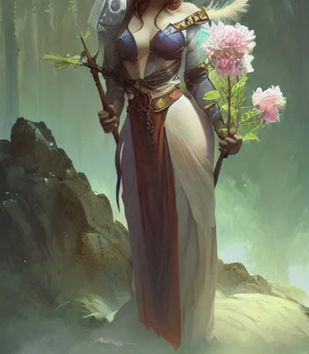 Prompt: Attractive Tiefling Druid,full body, holding flowers, dungeons and dragons portrait, highly detailed, digital painting, artstation, concept art, sharp focus, illustration, art by artgerm and greg rutkowski and alphonse mucha