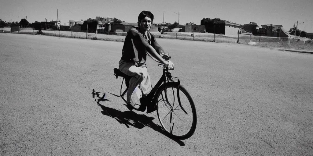 Image similar to a young man riding a bicycle under a clear blue sky, 7 0 s photograph, 4 k