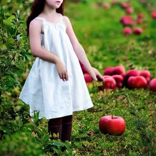 Prompt: a girl in a white cotton dress. an apple tree. red apples. folk. thomas hardy tess of the d'urbervilles