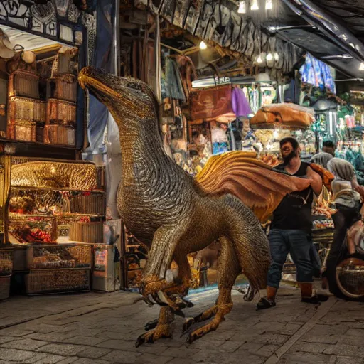 Prompt: buying a griffin at a market in istanbul, hyper detailed, dramatic lighting, cgsociety, realistic, hyper detailed, insane details, intricate, dramatic lighting, hypermaximalist, golden ratio, rule of thirds, octane render, weta digital, micro details, ultra wide angle, artstation trending, 8 k,