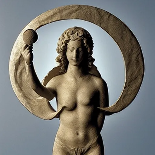 Image similar to an angel holds a moon, sculpture.