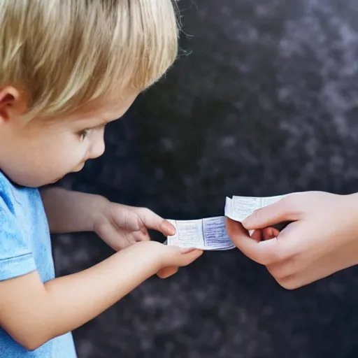 Image similar to a child exchanging a ticket for a coin from an adult, photorealistic