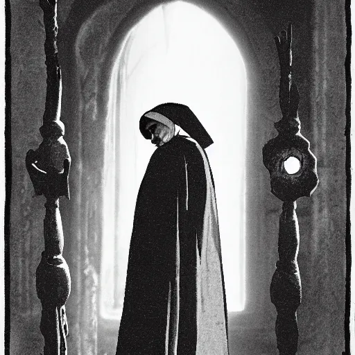 Prompt: A nun bathed in holy light, in a dusty cathedral. Aerial View, Dark Fantasy, Film Noir, Black and White. High Contrast, Mike Mignola, D&D, OSR