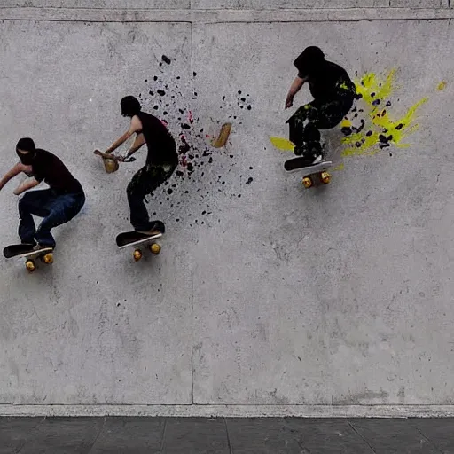 Image similar to terrifying trompe l'oiel image of three skateboarders, confusing optical illusion, splatter ink and hyperrealism, macro photography 8k, this picture looks different from far away