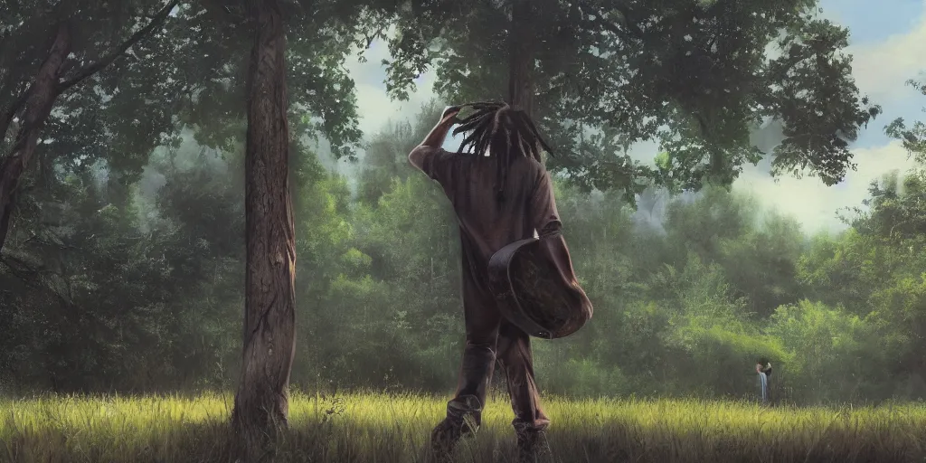 Image similar to side shot of a man with dreadlocks walking while playing the guitar with trees in the background, beautyful painting, hyperrealistic, animation, concept art