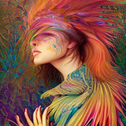 Image similar to A reality bending psychedelic ayahuasca experience, colorful, distorted, surreal, tropical bird feathers, dramatic lighting on the face, intricate, elegant, highly detailed, digital painting, concept art, smooth, sharp focus, illustration, art by Krenz Cushart and Wayne Barlowe and alphonse mucha